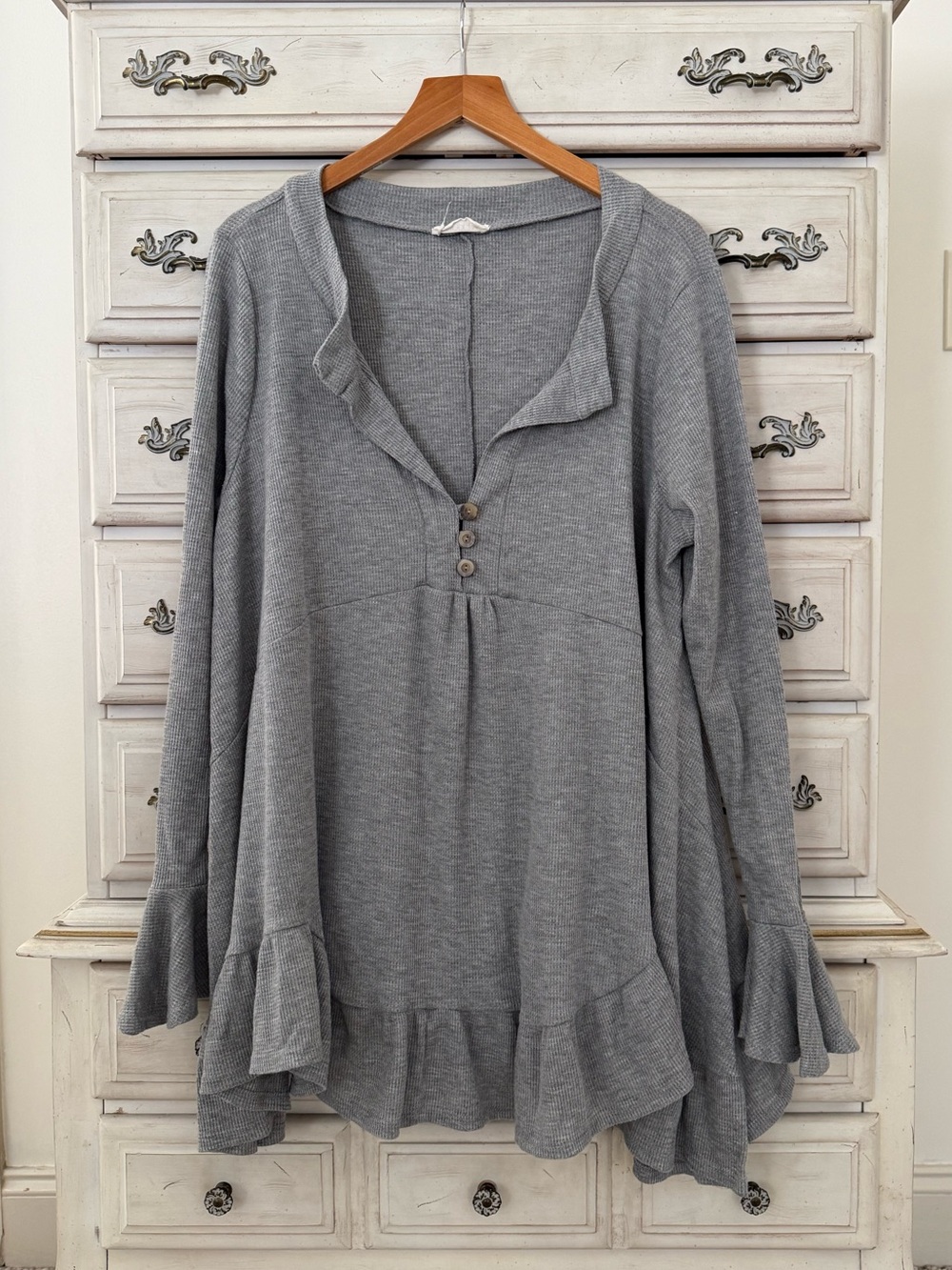 Grey Waffle Ruffle Babydoll Top